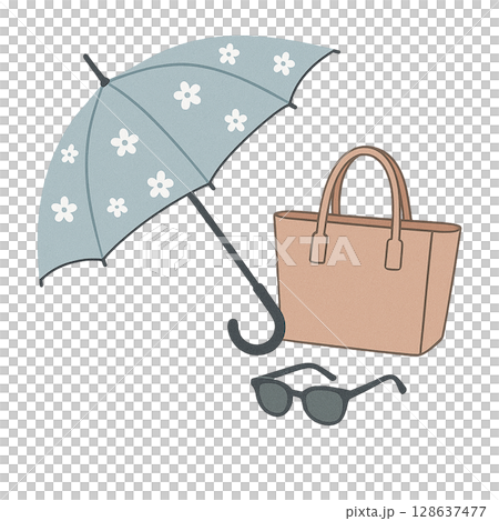 夏のお出かけアイテムセットのイラスト（花柄日傘とバッグ・サングラス） 128637477