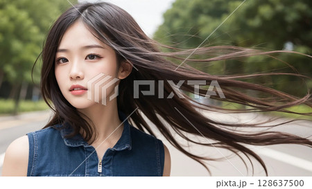 髪をなびかせる女性 128637500