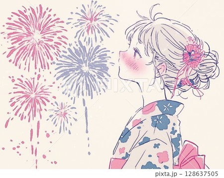 浴衣の少女と夏の花火大会 128637505