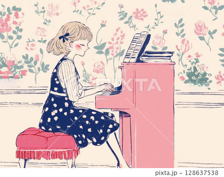 花柄の部屋でピンクのピアノを奏でる少女 花柄の部屋でピンクのピアノを奏でる少女 128637538