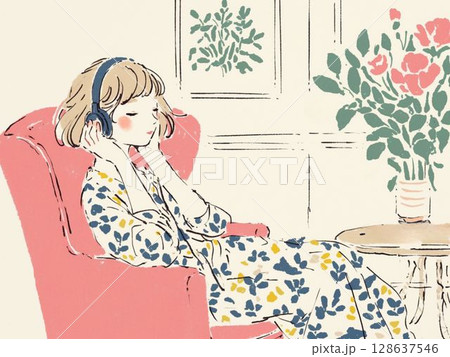 リラックスして音楽を聴く少女 128637546