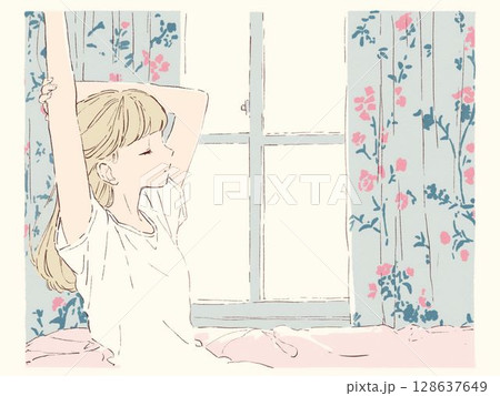 やさしい朝のはじまり　カーテン越しのストレッチ風景 128637649