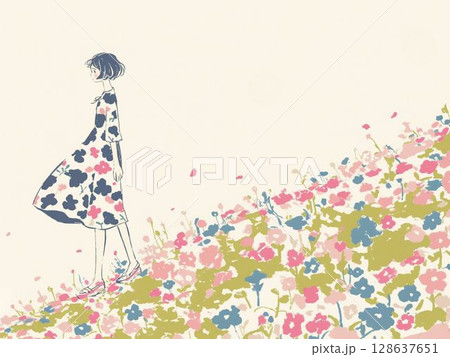 花咲く丘を歩く女の子　風に揺れる春の花畑 128637651
