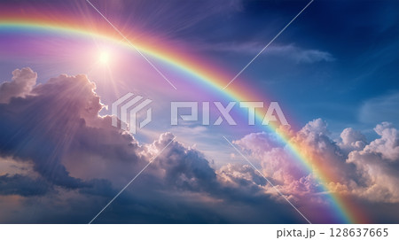 鮮やかな夕空に架かる虹の風景 128637665