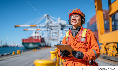 女性がコンテナヤードで指揮を執る 女性がコンテナヤードで指揮を執る 128637732