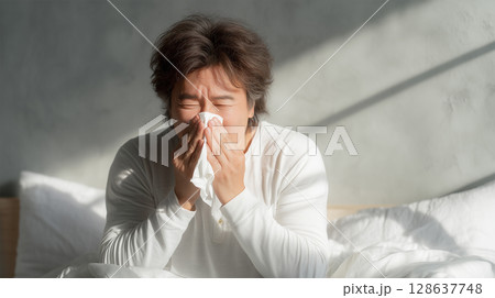 四十代の日本人の男性がベッドで鼻をかむ 128637748