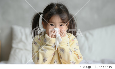六歳の日本人の少女がベッドで鼻をかむ 128637749