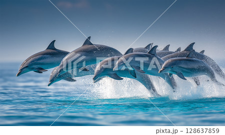 空と海を跳ねるイルカの群れ 128637859