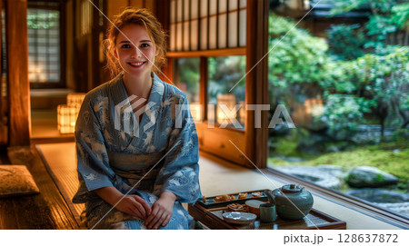 旅館縁側で微笑む着物姿の女性 128637872