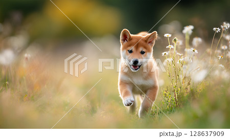 草原で遊ぶ柴犬の爽快ポートレート 128637909