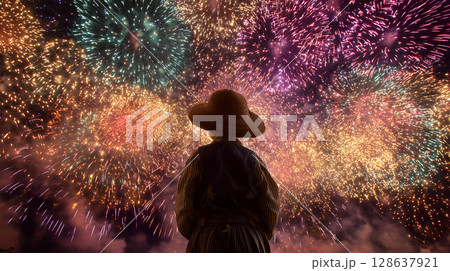 花火に照らされる麦わら帽子の男の子 花火に照らされる麦わら帽子の男の子 128637921