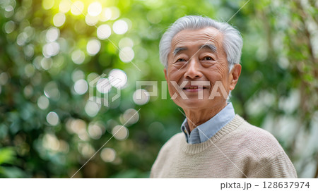 高齢の日本人男性が庭先で微笑む 128637974