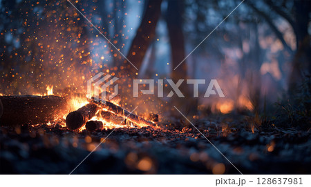 夕暮れにキャンプ客が囲む大きな焚き火の炎 夕暮れにキャンプ客が囲む大きな焚き火の炎 128637981