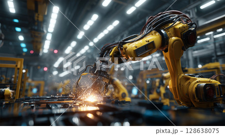 工場がズームでロボット溶接機を捉えるシーン 工場がズームでロボット溶接機を捉えるシーン 128638075