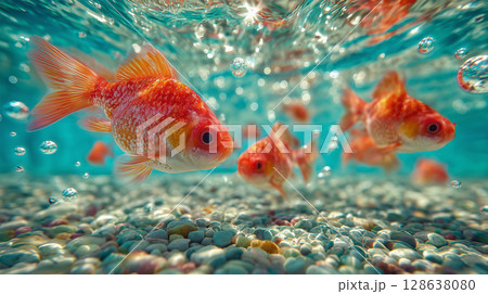 鮮やかな金魚がクリアな水中で泡と光を泳ぐ情景 128638080