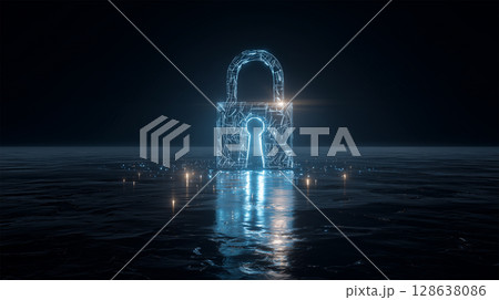 錠前が黒曜の鏡面に青光を放つ夜景 128638086