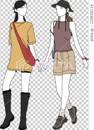 Fashion illustration of casual women enjoying a summer festival Fashion illustration of casual women enjoying a summer festival 128638114