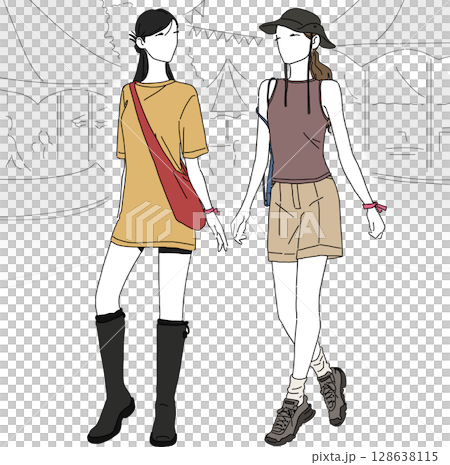 夏フェスを楽しむカジュアルな女性たちのファッションイラスト 128638115