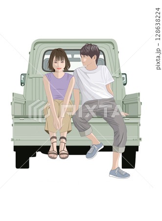 軽トラックの荷台に座る男女イラスト 軽トラックの荷台に座る男女イラスト 128638224