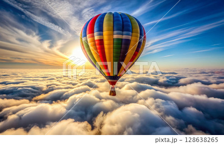 Romantic hot air balloon flight above the clouds in the rays of the sun 128638265