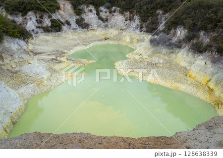 Geothermal landscape with green sulphur lake, Rotorua, New Zealand Geothermal landscape with green sulphur lake, Rotorua, New Zealand 128638339