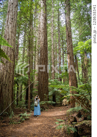 Woman looking up and admiring huge trees in redwood forest, Rotorua, New Zealand Woman looking up and admiring huge trees in redwood forest, Rotorua, New Zealand 128638341