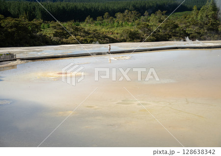 Tourist admiring amazing geothermal landscape with colorful pool, Rotorua, New Zealand Tourist admiring amazing geothermal landscape with colorful pool, Rotorua, New Zealand 128638342