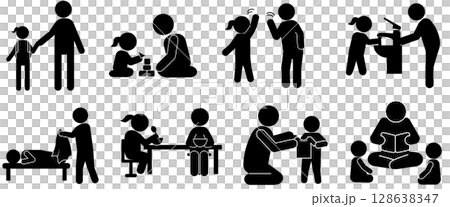 Set of silhouette illustrations of parents and children depicting child-rearing scenes at home Set of silhouette illustrations of parents and children depicting child-rearing scenes at home 128638347