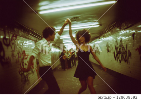 A man and woman are dancing in a tunnel with graffiti on the walls 128638392