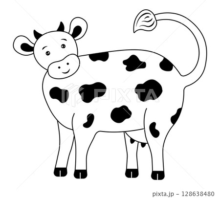 Spotted cute cow with horns, curious happy farm animal, vector black and white illustration Spotted cute cow with horns, curious happy farm animal, vector black and white illustration 128638480