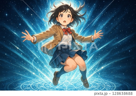 魔法陣により光に包まれて浮かび上がる女子学生の不思議な体験 128638688