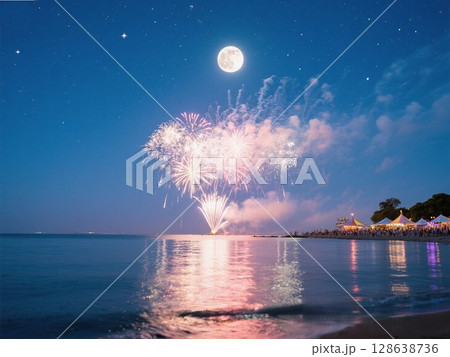 海に映る花火と夕闇に浮かぶ満月 128638736