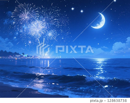 海に映る月と花火 128638738