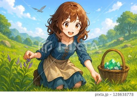 草原で花を摘みながら鉱石を集める少女と自然に包まれた晴れやかな風景 128638778