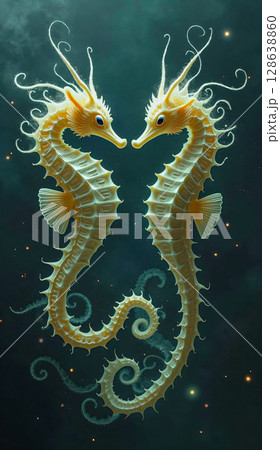 A pair of fantastic seahorses. Two stylized seahorses are depicted facing each other against a dark aquatic background. 128638860