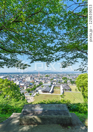 初夏の青空と山並みを背景に映える都市景観・温泉街スポット菊池市街地風景　(菊池市)(菊池公園) 128639053
