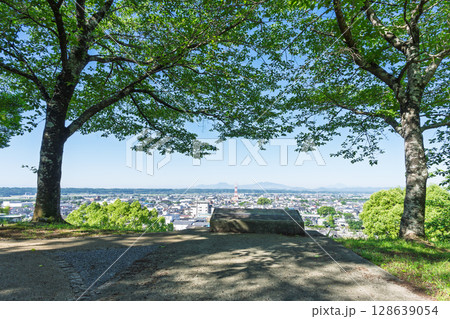 初夏の青空と山並みを背景に映える都市景観・温泉街スポット菊池市街地風景　(菊池市)(菊池公園) 128639054