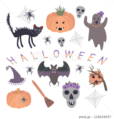 Halloween colorful illustration set in grey, orange and purple shades Halloween colorful illustration set in grey, orange and purple shades 128639057