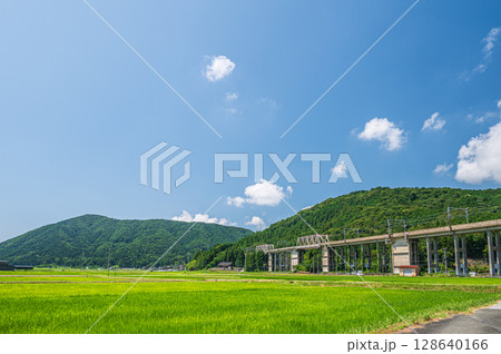 西浅井町の田園地帯を通る湖西線の高架橋 滋賀県長浜市 西浅井町の田園地帯を通る湖西線の高架橋 滋賀県長浜市 128640166