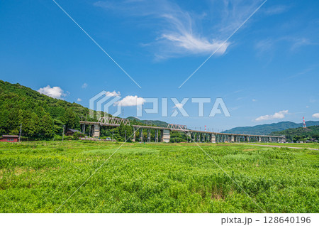 西浅井町の田園地帯を通る湖西線の高架橋　滋賀県長浜市 128640196
