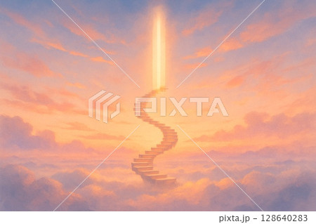 幻想的な雲海の上に浮かぶ螺旋階段と光の柱 128640283