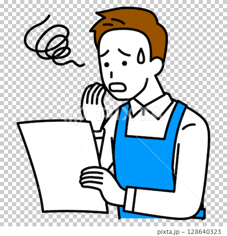 書類を見て困惑するエプロン姿の男性 128640323