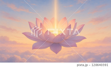 空に浮かぶ蓮の花と光柱の幻想風景 空に浮かぶ蓮の花と光柱の幻想風景 128640391