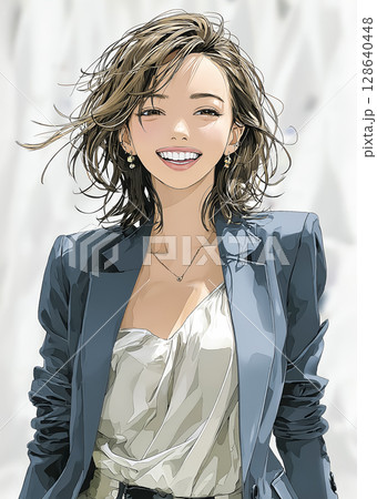 目を細めた笑顔のビジネスウーマンのイラスト素材　屋外 128640448