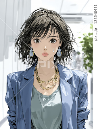 驚いて目を見開いた表情のビジネスウーマンのイラスト素材 128640451