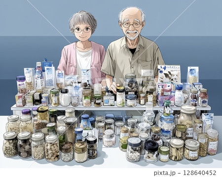 非常食を備蓄するシニア夫婦のイラスト素材 128640452