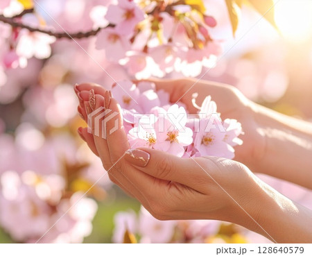 桜色の指先:春を告げる満開の桜と優雅なネイルアート 桜色の指先:春を告げる満開の桜と優雅なネイルアート 128640579