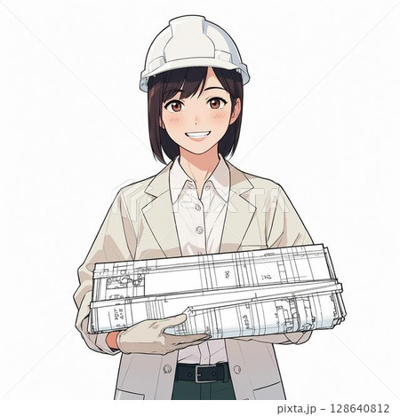 女性建築士が図面を持って微笑んでいるイラスト（白背景） 128640812