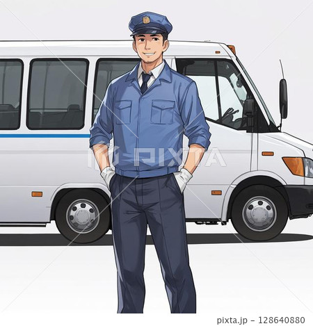 バスの前で立つ男性運転手のイラスト(白背景) バスの前で立つ男性運転手のイラスト(白背景) 128640880