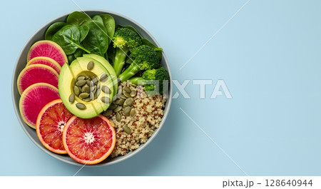 healthy salad with fresh vegetables and fruits 128640944